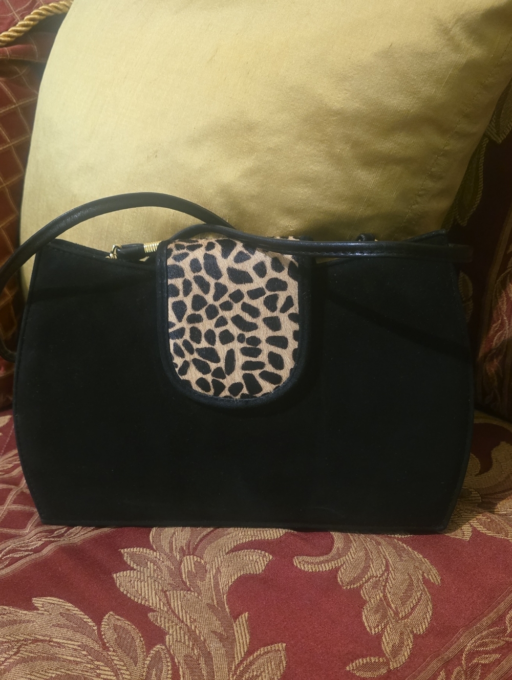 Black Suede Shoulder Bag with Leopard Accent